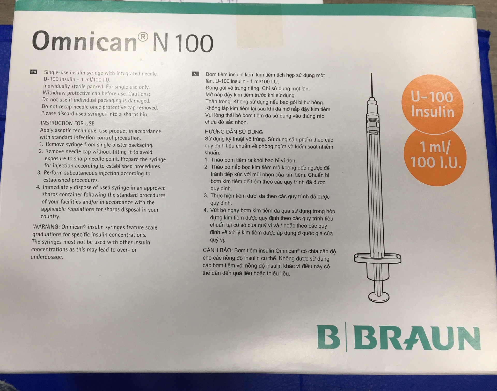 Bơm tiểu đường Omnican N100 Nắp Cam 1ml/100IU B.Braun (H/100cái)