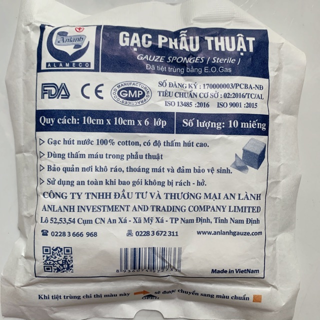 Gạc phẫu thuật 10cm x 10cm x 8 lớp An Lành (Bịch 10 gói)